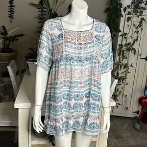 MIGNON L sheer, short sleeve Boho floral bathing suit cover/ dress/ long shirt